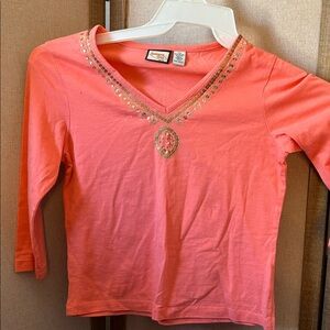 Jamaica Bay Ladies Coral Pink Long Sleeve V-Neck Top with Sequin Trim petite sml